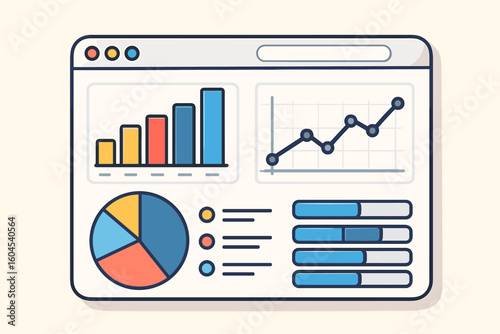 Business analytics dashboard in browser window with bar chart, line graph, pie diagram, progress bars, flat vector illustration for data analytics, statistics report, infographics
