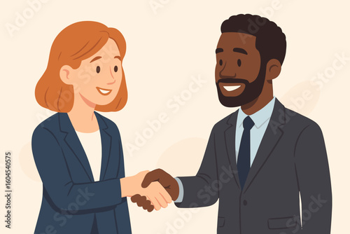 Business diversity handshake between Caucasian woman and African American businessman, colleagues closing corporate deal agreement, vector cartoon illustration, light background