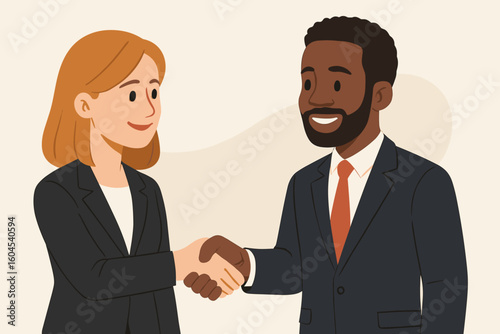Diverse business partnership handshake between Caucasian female and African American male executives in formal suits closing deal, corporate inclusive vector illustration