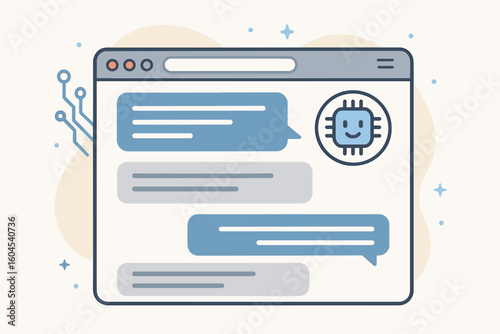 Artificial intelligence chat bot. Web browser with AI chat on screen. Vector cartoon illustration. Online support, virtual assistant, technology communication concept design.