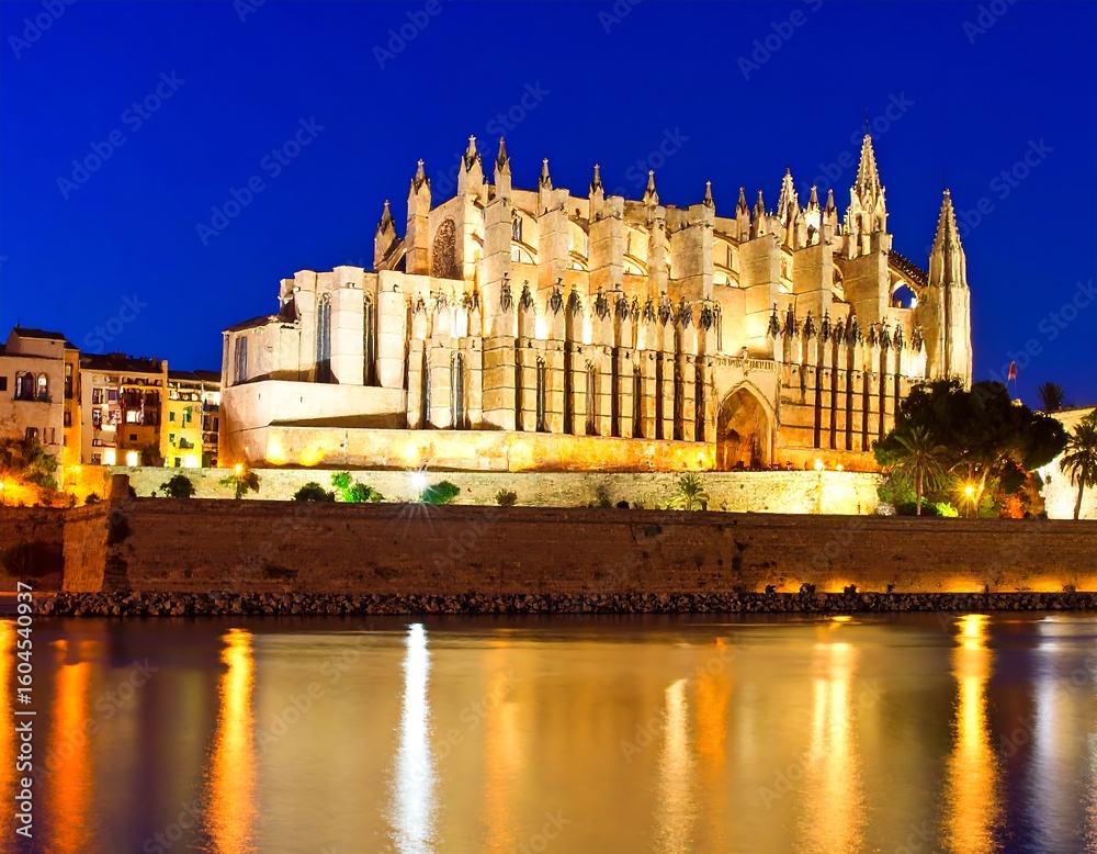 Fototapeta premium Illuminated cathedral at night reflecting in the water