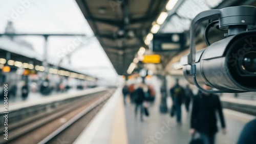Wallpaper Mural Close-up of a PTZ surveillance camera rotating on a train station platform in daylight. Captured with high clarity and shallow depth, showcasing public safety and transportation security themes. Torontodigital.ca