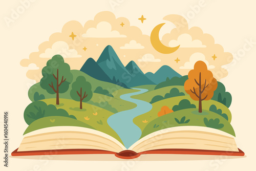 Open book with a fantasy landscape. Imagination and reading concept. Fairytale world coming out of a storybook. Education, knowledge, and learning vector illustration.