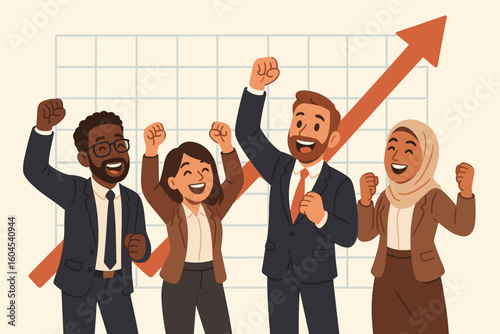 Business company success concept. Diverse happy group of people cheering and celebrating growth. Diagram chart pointing up. Teamwork achievement goal. Vector cartoon illustration.