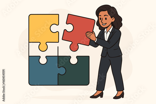 Businesswoman connecting puzzle pieces. Metaphor for problem-solving, strategic thinking, and finding solutions. Business concept for integration, teamwork and success.
