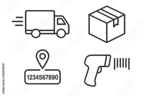 Shipping and Logistics Line Icon Set, Delivery Truck, Parcel Box, Barcode Scanner, Tracking Number, Courier Service, Package Tracking, Transportation, Warehouse Management, Inventory Control