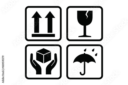 Set of 4 packaging symbols. Fragile, Handle with Care, Keep Dry, This Way Up icons. Shipping and cargo warning labels for goods. Vector illustration on white background.