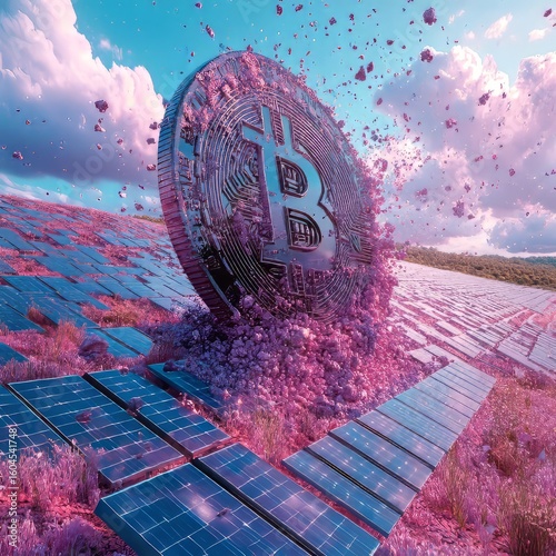 bitcoin falling into a field of purple solar panels 
