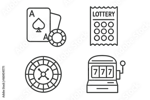Gambling and casino line icon set. Poker, roulette wheel, lottery ticket, and slot machine. Outline vector icons for betting, gaming, and games of chance. Linear pictogram.