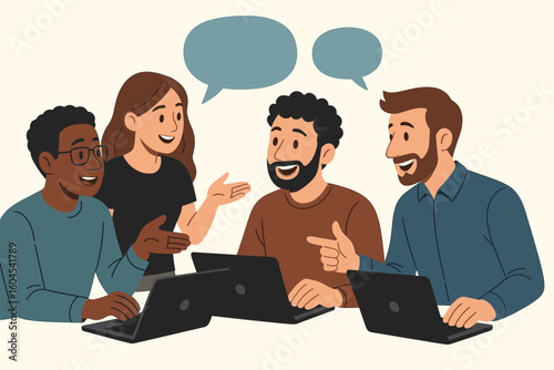 Diverse team of developers discussing project. People working on laptops in office. Teamwork, collaboration, communication concept. Brainstorming meeting. Vector illustration.