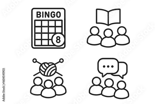 Social engagement icons set for community center activities. Senior leisure, hobby group concepts like bingo game, book club, knitting circle, and support group meeting.
