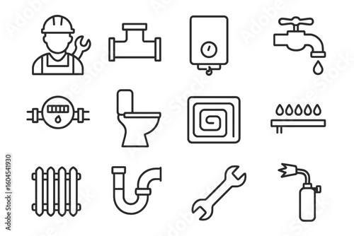 Heating and plumbing service line icon set. Plumber, pipe, boiler, tap, meter, toilet, heated floor, gas, wrench, and radiator vector icons in linear outline style.