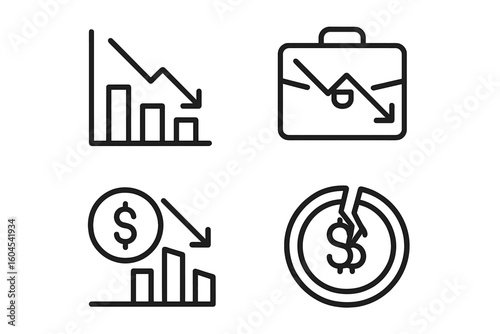 Economic crisis line icon set. Financial recession and business decline symbols. Concepts of market crash, bankruptcy, inflation, investment loss and money devaluation. Vector outline icons.