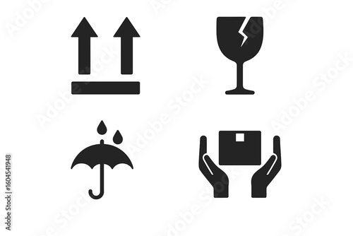 A set of packaging symbols for cargo and shipping. Fragile, Handle with Care, Keep Dry, This Way Up icons. Vector illustration for logistics and delivery labels.