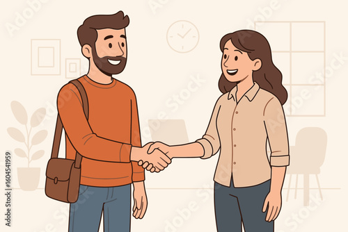 Friendly handshake between smiling man and woman in modern office, greeting and sealing partnership deal, collaboration, negotiation agreement, vector cartoon illustration