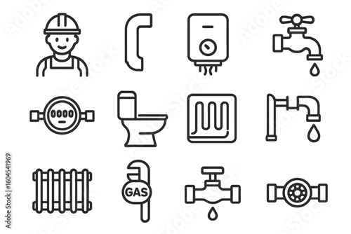Heating and plumbing line icon set. Plumber service, pipe, boiler, faucet, water meter, toilet, heated floor, gas wrench, radiator, and valve outline vector icons.