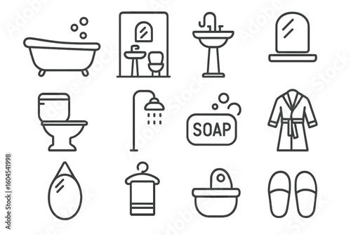 Bathroom line icon set. Restroom and toilet pictogram collection. Vector symbols of bath, shower, sink, washbasin, soap, mirror, towel, and robe for web design.