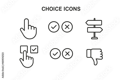 Choice line icon set. Vector symbols of decision, selection, and option. Includes checkmark, cross, vote, direction signpost, and cursor click for UI and UX design.