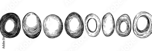 
A set of hand-drawn oval shapes, each with its own unique style and shape, arranged in an orderly manner on the white background.