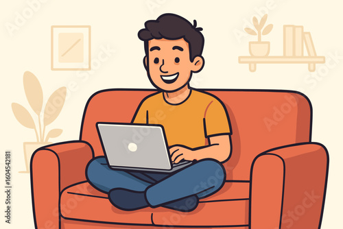 Young man sitting cross-legged on sofa at home using laptop, freelance remote work, lifestyle, smiling cartoon vector illustration of happy person relaxing in living room