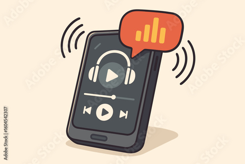 Music streaming smartphone, podcast or audiobook player app screen with headphones, sound waves and bar chart bubble, mobile phone audio playback, flat cartoon vector illustration