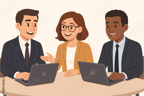 Corporate office teamwork scene with three diverse businesspeople collaborating, discussing and smiling while working on laptop computers at round desk in workplace illustration