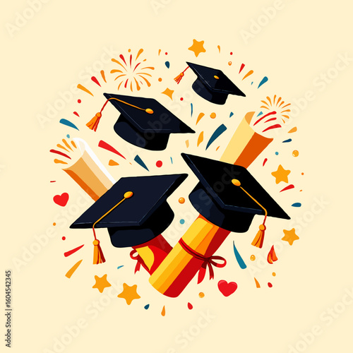 Vector art of a graduation celebration with caps diplomas confetti and stars