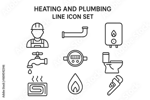 Heating and plumbing line icon set. Plumber, pipe, boiler, tap, meter, toilet, heated floor, gas, wrench. Vector outline pictogram. Sanitary engineering concept.