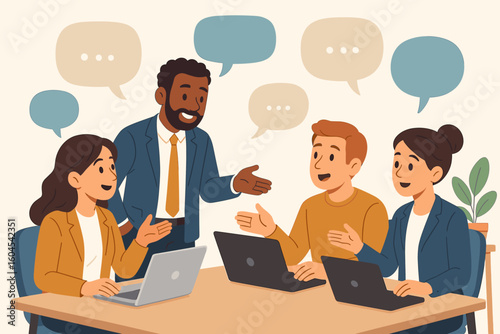 Business meeting conversation illustration. Diverse office team collaboration with laptops, speech bubbles, corporate discussion, coworking communication, colleagues vector