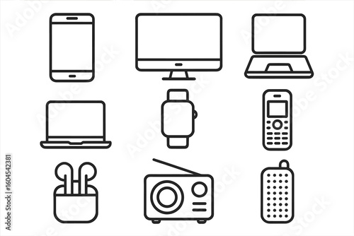 Electronic devices line icon set. Smart mobile gadgets like computer, laptop, phone, smartwatch, earbuds. Technology outline vector icons in linear style for web design.