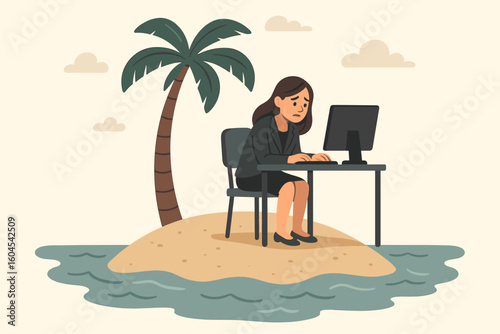 Loneliness at work metaphor. Businesswoman isolated on a deserted island. Concept of professional burnout, depression, stress, and social isolation in the workplace.