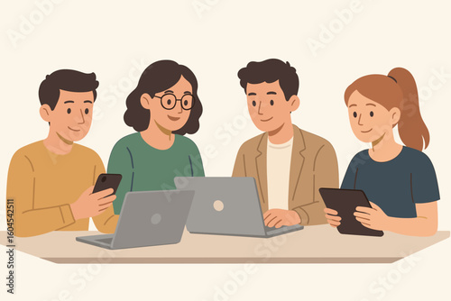 Corporate office teamwork concept. Diverse coworkers at shared desk using laptops, smartphone and tablet for digital project brainstorming, work cartoon vector illustration