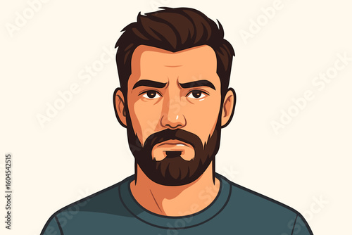 Man character face. Vector portrait picture of handsome male person with beard looking in to camera with serious facial expression. Modern flat style cartoon user avatar icon.