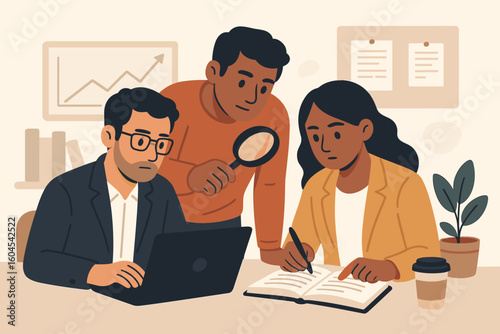 Diverse business team collaborating in office, researching data with laptop, magnifying glass and notebook, analyzing growth chart, generating insights for project strategy