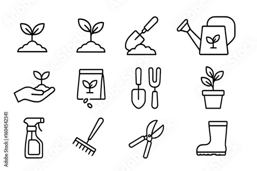Gardening and plant growing outline icon set. Vector collection of horticulture tools, sprout, seeds, and equipment. Editable stroke pictogram for agriculture and farming.