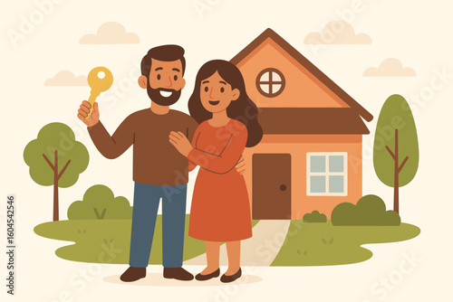 Couple buying a new house. Happy man and woman holding a key in front of their home. First-time homeowners. Real estate investment, property ownership, and mortgage concept.
