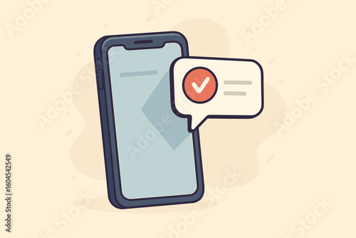 Smartphone push notification pop-up vector illustration. Phone screen with check mark alert, cartoon flat style, app approval concept, chat bubble on pastel background.