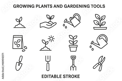 Growing plants and gardening tools outline icon set. Vector collection of horticulture and agriculture symbols like seedling, sprout, watering can, shovel. Editable stroke.