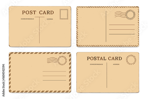 Vintage postcard set. Back of old postal cards with a stamp area. Retro mail design elements. Antique correspondence template on aged paper texture. Travel message vector.