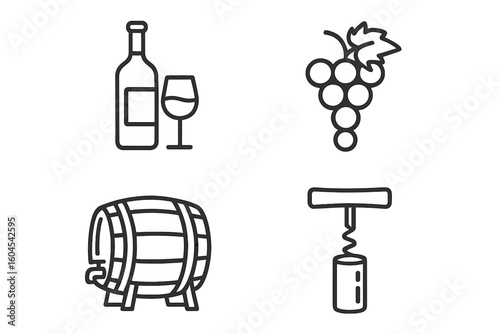 Wine icon set in thin line style. Vector graphic elements for winery, bar menu, and tasting. Includes bottle, glass, grapes, barrel, and corkscrew symbols for winemaking.