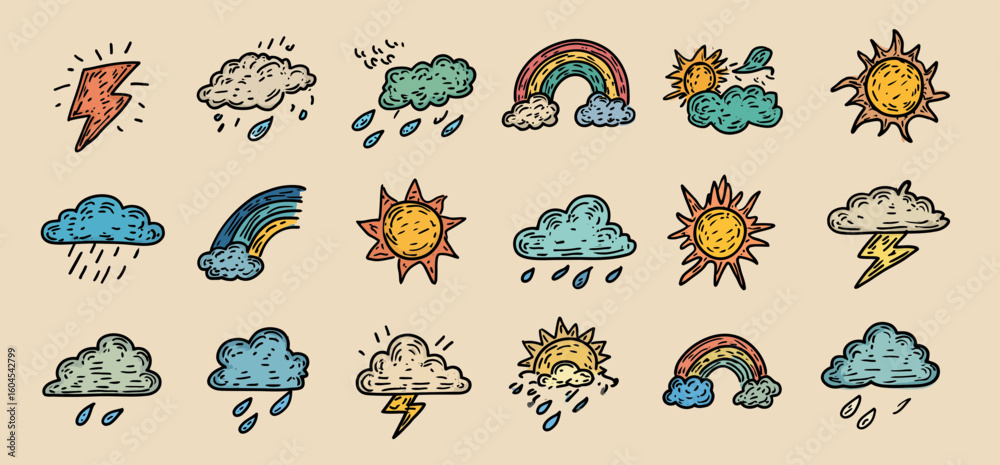Obraz premium A set of hand-drawn weather icons featuring rain, thunder, suns, and clouds in blue outlines on a beige background. A rainbow is also present among the other elements.