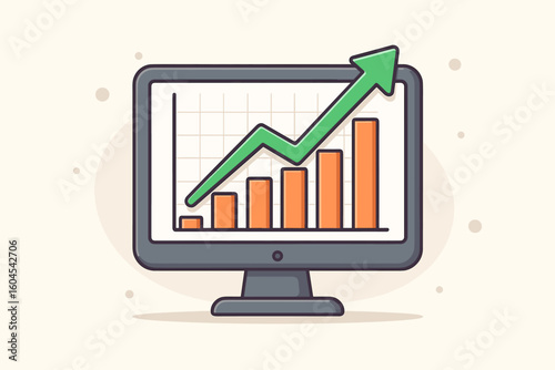 Business growth analytics concept, computer monitor showing rising bar chart with green upward arrow, finance success statistics, sales increase, data, cartoon vector illustration