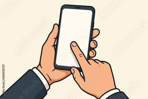 Hand holding smartphone with blank white screen. Mockup for mobile app or website. Businessman finger touching, tapping or scrolling display. Vector cartoon illustration concept.