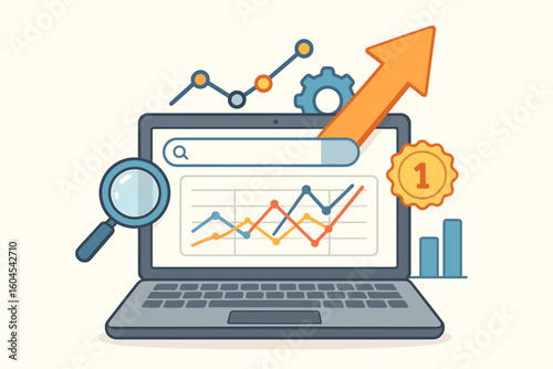 SEO optimization analytics concept with laptop computer, magnifier, rising growth arrow, #1 ranking badge, data charts, performance marketing, traffic growth, search engine ranking illustration