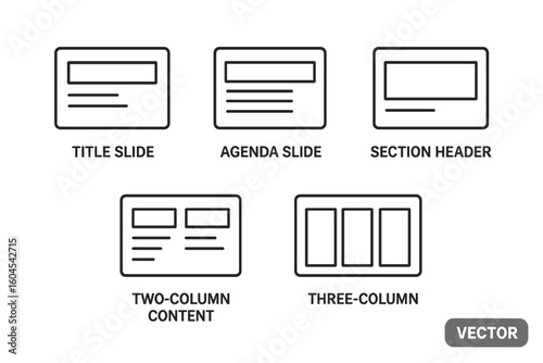 Set of presentation slide layout line icons. Vector templates for business pitch deck design. Includes title, agenda, section header, two and three column content.