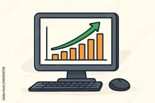 Upward growth analytics bar chart on desktop monitor, green arrow rising financial success, statistics, computer screen illustration of business data, technology concept vector