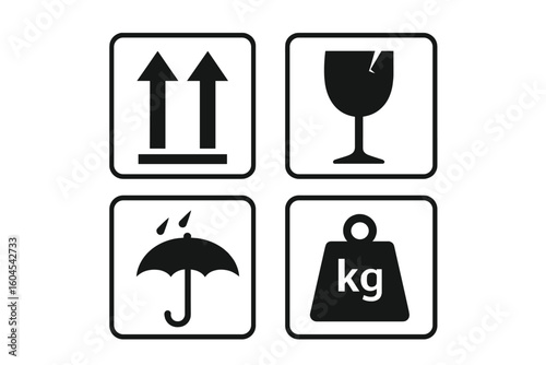 Packaging symbols set for cargo. Fragile, This Way Up, Keep Dry, and Weight icon. Shipping label for package. Vector illustration of logistic pictograms for box.
