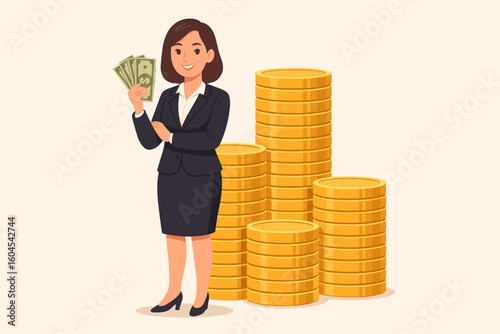 Confident businesswoman in suit holding dollar bills beside stacks of golden coins, symbolizing financial success, wealth management, investment earnings, prosperity illustration