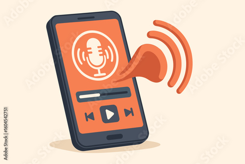 Podcast streaming concept vector. Smartphone with audio player app interface playing audiobook or music. Microphone icon and sound waves on screen. Online media illustration.