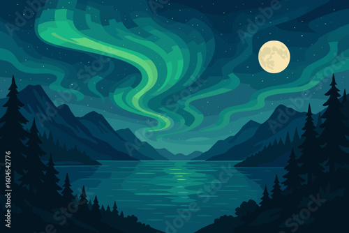 Northern lights illustration. Aurora borealis sky over a Norwegian fjord. Beautiful landscape at night with moon, forest and ocean. Magical nature travel vector scene.